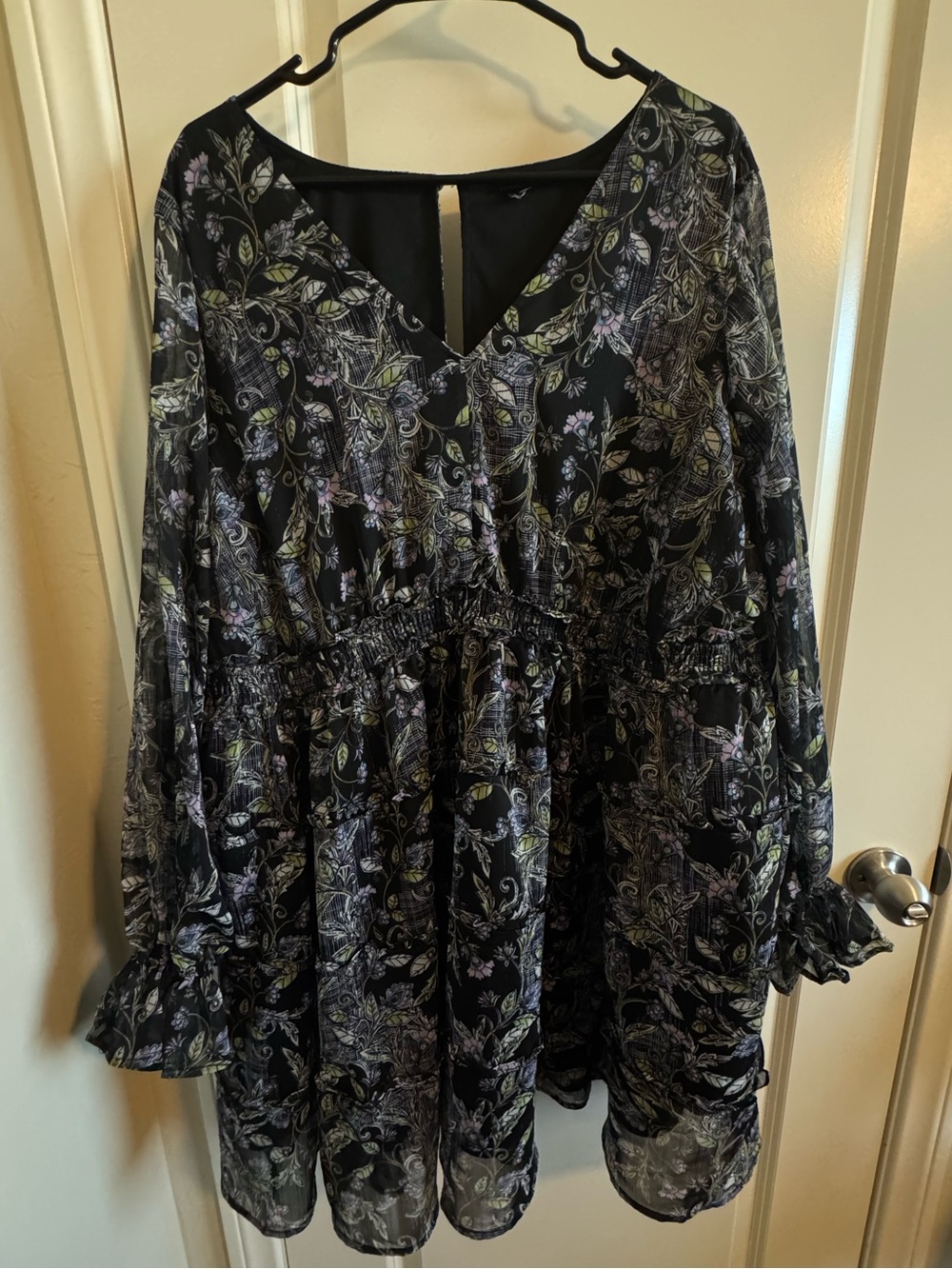 torrid Black Floral V-Neck Long Sleeve Dress with Purple & Green Accents